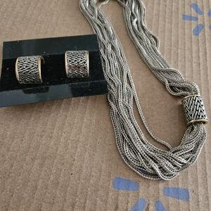 Elegant Silver and Gold Necklace and Clip Earring Set